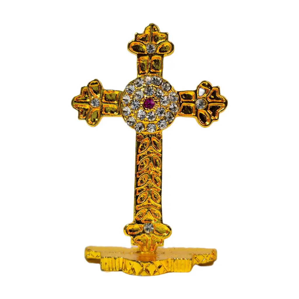 Golden Car Cross With White And Purple Stone