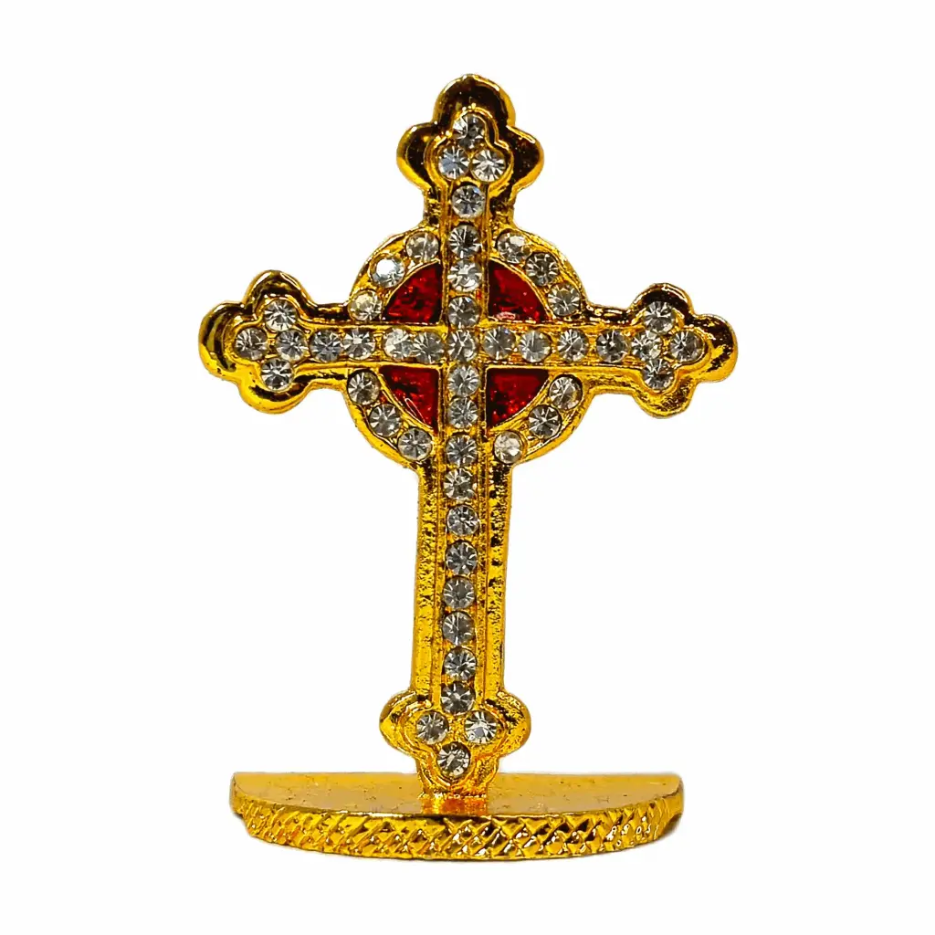 Golden Car Cross White Stone And Red Epoxy